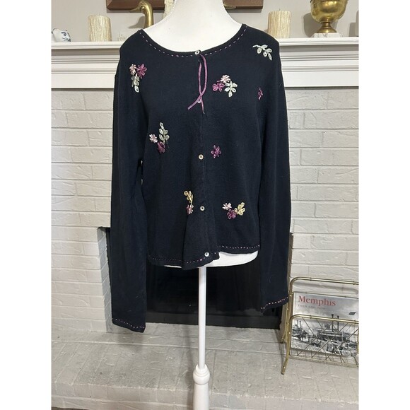 April Cornell Vintage Cardigan Black Floral Embroidery Size Large Cottage - Picture 1 of 4